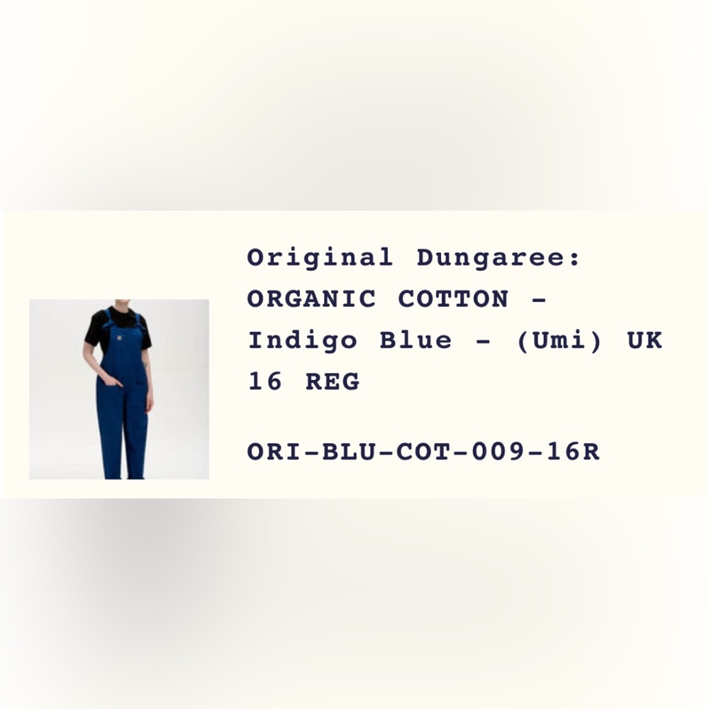 NWT Original Dungaree: ORGANIC COTTON Indigo Blue - (Umi) UK 16/US 12 Lucy & Yak